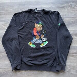 Stussy Sweatshirt Mens L Bear Black Crewneck Streetwear Pullover Skateboard